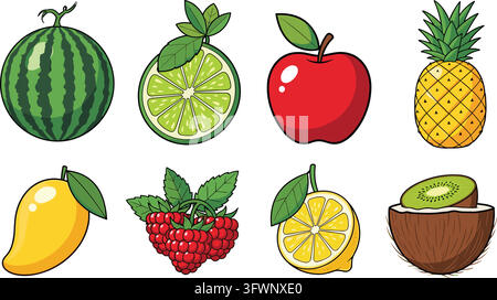 Collezione di frutta fresca con colori vivaci per un'alimentazione sana e un'arte nutrizionale equilibrata. Illustrazione Vettoriale