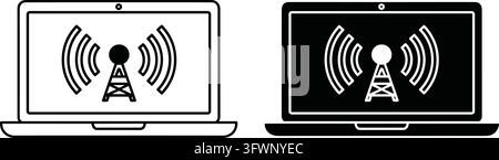 Set di icone lineari in bianco e nero per laptop con trasmissione antenna per reti wireless. Illustrazione Vettoriale