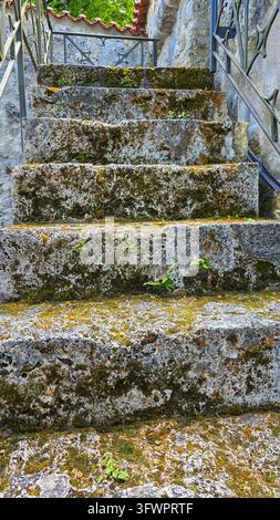 Vecchia scala in pietra ricoperta di muschio e licheni che sale con un corrimano in ferro battuto. Foto Stock