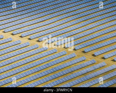Vista aerea di una grande fattoria solare con file di pannelli fotovoltaici installati su un campo a Neustrelitz, Meclemburgo-Pomerania Anteriore, Germania. Foto Stock