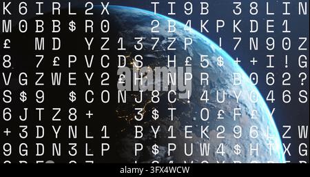 Visualizzazione del pianeta Terra luminoso al terminatore nello spazio, con lettere sovrapposte e luci della città Foto Stock