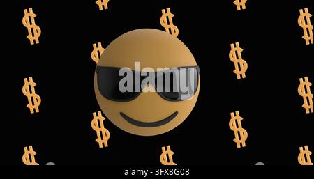 Emoji 3D dorato fluttuante con occhiali da sole neri lucidi, che mostra un sorriso e un motivo a segni di dollaro. Sfera, rendering, occhiali da sole, metallico, studio, monocromo, Foto Stock