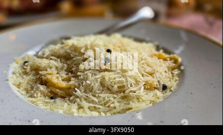 Spaghetti Cacio e Pepe italiani tradizionali con formaggio grattugiato e grani di pepe nero fermentati, serviti in un piatto profondo. Foto Stock