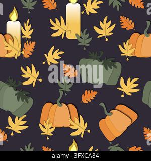 Modello senza cuciture con zucche di carta tagliate, candele accese e foglie autunnali colorate su uno sfondo viola scuro. Perfetto per la confezione regalo di Halloween Foto Stock