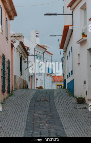Una tranquilla strada acciottolata si snoda attraverso un villaggio colorato Foto Stock