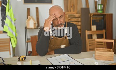 Uomo di mezza età, falegname con grembiule, tocca il mento sopra i progetti e una scatola di legno nello studio; pianificazione riflessiva. Foto Stock
