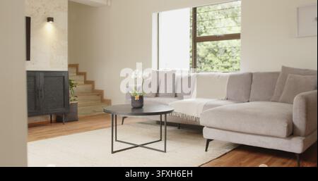 Divano ad angolo grigio chiaro e chaise longue seduti vicino alla finestra in casa, mostrando un'orchidea sul tavolino. Minimalista, moderno, sereno, accogliente, elegante, naturale Foto Stock