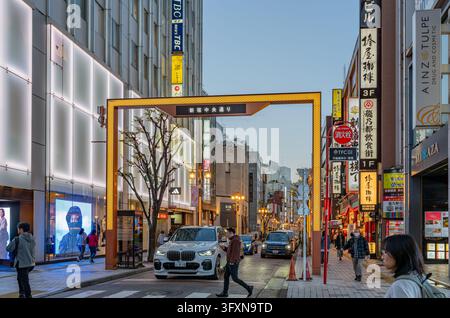 Tokio, Giappone, 22 NOV 2024 – Pedoni e veicoli passano sotto l’arco illuminato di Shinjuku Chuo Dori a Tokio, incorniciati da alti edifici e Foto Stock