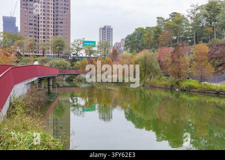 Taichung, Taiwan, 02 GIU 2020 - Un ponte pedonale rosso si estende su uno stagno tranquillo che riflette grattacieli e alberi con fogliame mutevole in un contesto urbano Foto Stock