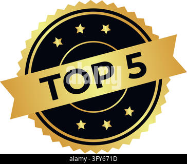 Badge Top 5 nero e oro con banner a nastro e stelle illustrazione vettoriale isolata su sfondo bianco Illustrazione Vettoriale