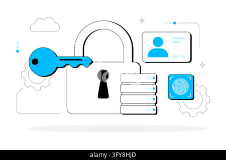 Illustrazione vettoriale di cybersecurity e protezione dei dati con un lucchetto, una chiave, un database, una carta d'identità utente e un'icona di impronta digitale biometrica. Illustrazione Vettoriale