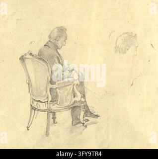 Klemens Wenzel Lothar Principe di Metternich, Rudolf von Alt (1812–1905), Clemens Lothar Wenzel Principe di Metternich (1773–1859), Ritratto di, disegni, disegno a mano, 1852, disegno a matita, altezza 15,8 cm, larghezza 15,2 cm, in basso al centro: Metternich, in basso a destra: (scritto erroneamente da un'altra mano invece del 1851) 1852, in basso a sinistra: R. Alt, Politica, Belle Arti, Aristocrazia, ritratto, uomo, figura seduta, poltrona, sedile, Klemens Wenzel Lothar von Metternich, Un uomo è seduto in una poltrona intagliata, tenendo un libro o un foglio sulle ginocchia, mentre una leggera seconda bozza di testa appare a Foto Stock