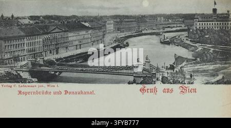 Canale del Danubio - Ponte di Aspern, di notte, cartolina, Carl (Karl) Ledermann Jr., produttore, cartoline, illustrative, circa 1898, tinta blu, collotipia, Danubio, Donaukanal, canali, acque (in città), ponte, notte, la solita casa o fila di case, edificio piano, casa d'appartamenti, navi (in generale), Ponte di Aspern, Vienna Austria Collezione Kabinett, Un ponte sospeso attraversa un canale fluviale mentre edifici costeggiano la riva sinistra e barche e percorsi appaiono sulla riva destra in un lungofiume urbano Foto Stock