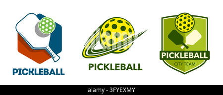 Icone sportive di pickleball di racchette e palline con segno Swoosh. Set di badge di scudo isolati per l'attrezzatura del giocatore di pickleball, maglietta del club sportivo p Illustrazione Vettoriale