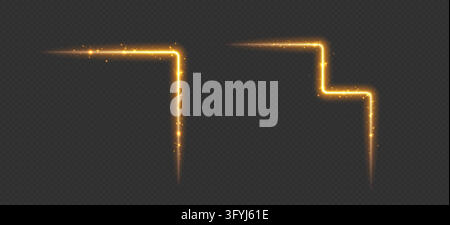 Angoli del telaio al neon dorati luminosi con stelle e scintilli, bordo zigzag scintillante di lusso su sfondo scuro. Illustrazione Vettoriale