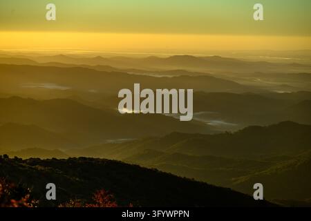 La luce dorata bagna le montagne stratificate all'alba. Le valli silenziose contengono nebbia, che risplende dolcemente. I picchi frastagliati svaniscono in una distanza nebbiosa. Terra tranquilla e maestosa Foto Stock