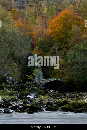 Cascata circondata da foglie di autunno con antica pietra ponte arcuato e fiume in primo piano, Glen Lyon, Perth and Kinross Foto Stock