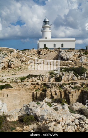 dh Cabo de Cavalleria faro CAPO CAVALLERIA MENORCA costa nord scogliere e faro bianco casa faro Foto Stock