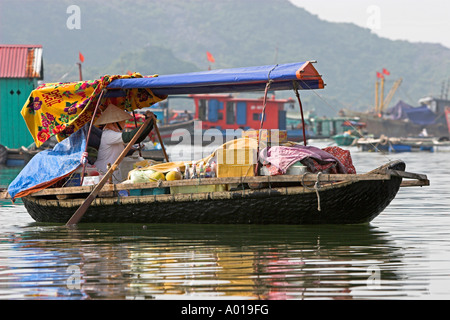 Donna vendita alimentari frutta e bevande da galleggiante shop righe intorno al villaggio di pescatori in Cat Ba Town Bay a nord-est del Vietnam Foto Stock