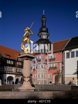 Marktplatz mit Rathaus und Georgsbrunnen a Eisenach, Thueringen Foto Stock