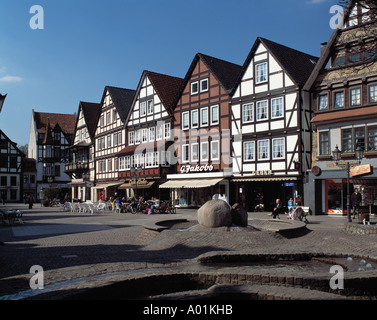 Fachwerkhaeuser Am Marktplatz a Rinteln, Weser, Weserbergland-Schaumburg Naturpark-Hameln, Bassa Sassonia Foto Stock