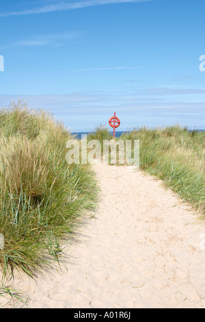 Percorso spiaggia attraverso dune di sabbia con impostazione di vita rosso anello della cinghia attaccata al rosso croce di legno Foto Stock