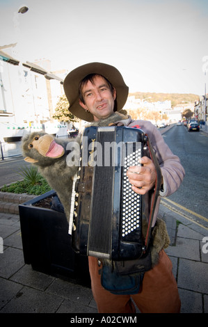 Suonatore ambulante maschio a suonare la fisarmonica per le strade di Aberystwyth Ceredigion REGNO UNITO Galles Foto Stock