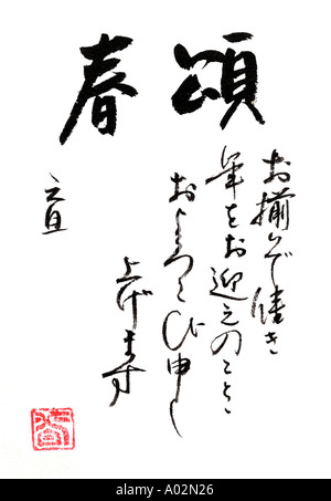 Saluto di celebrazione di buona volontà e di felicità per un sano sereno anno nuovo Calligraphy di Naomi Saso di Nara Giappone Foto Stock