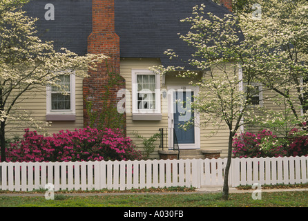 Giardino della casa tradizionale con Picket Fence e fioritura sanguinello (Cornus florida) e azalee, Carolina del Sud e Stati Uniti d'America Foto Stock