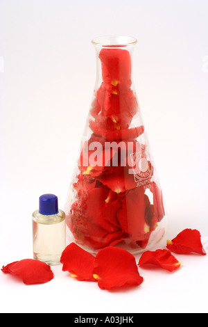 Olio di Rosa e petali in pallone Foto Stock