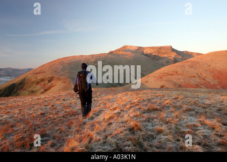 Hill Walker on Scales Fell camminando verso la montagna di Blencathra, Lake District, Cumbria Foto Stock