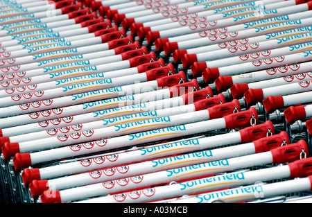 Una massa di carrelli sovrapposti in un somerfield carrello per supermercati park Foto Stock