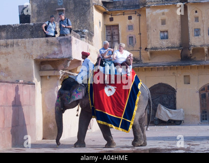 * Il Rajasthan Jaipur India Novembre turisti su un elefante i taxi arrivano a Jaleb Chauk un cortile giardino dell'Amber Fort Foto Stock