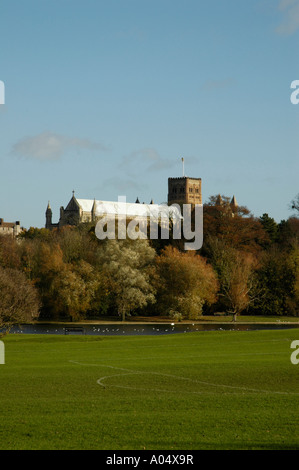 Vista in lontananza St Albans Cathedral sopra autunno alberi colorati come si vede da Verulamium Park Foto Stock