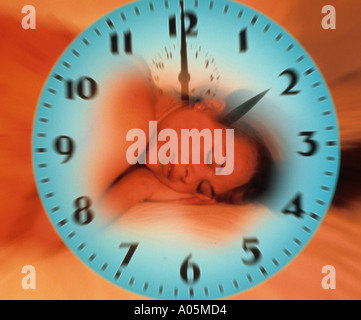 Manipolati digitalmente immagine di una donna addormentata inserita nella faccia di un orologio che denota bioritmi cicli di sonno e di sogni Foto Stock