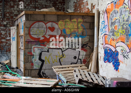 Graffiti murali verniciato a spruzzo su tutte le pareti all'interno di un magazzino abbandonato a Dundee, Regno Unito Foto Stock