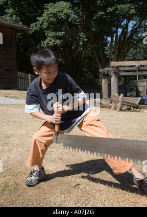 Boy utilizzando una sezionatrice trasversale come parte della partecipazione del pubblico in una dimostrazione di Fort Langley Canada Foto Stock