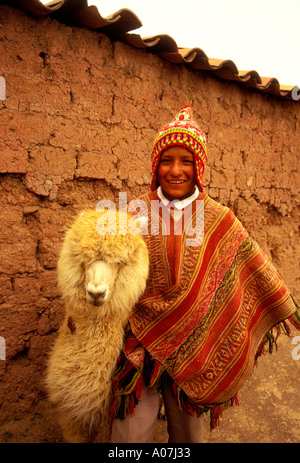 1, uno, Quechua ragazzo indiano, Indiani Quechua, ragazzo con alpaca, boy, alpaca, Cuzco, Provincia di Cuzco, Perù, Sud America Foto Stock