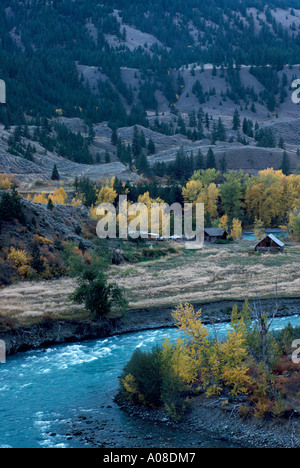 Cariboo Chilcotin Coast Regione, BC, British Columbia, Canada - vecchio e storico Homestead lungo il fiume Chilcotin in Farewell Canyon Foto Stock