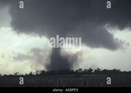 Un tornado gira come un alto dalla sua parete nuvola sui terreni agricoli nel Nebraska, USA. 2004 Foto Stock