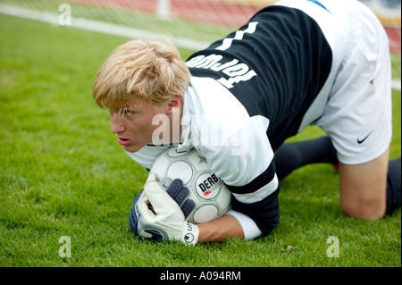 Torwart Fussballspieler, calciatore portiere Foto Stock