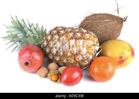 L'ananas, il cocco, mango, albero di pomodoro, tamarillo, litchi, melograno, Cape gooseberry, mandarino (Ananas comosus, Cocos nucife Foto Stock