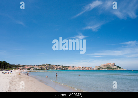 Spiaggia con la cittadella di distanza, Calvi, La Balagne, Corsica, Francia Foto Stock