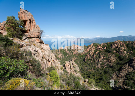 Les Roches Rouges (Red Rocks) sulla strada costiera tra la Piana e Porto, il Golfo di Porto, Corsica, Francia Foto Stock