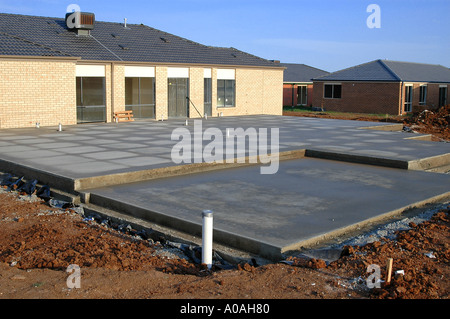 Costruendo una nuova casa, la lastra di cemento è stata versata, Melbourne, Victoria, Australia Foto Stock