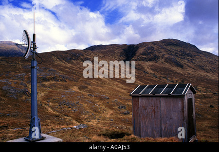 Blu Grigio montante di comunicazione e la vecchia baracca sulle montagne nelle Highlands scozzesi il cielo blu con nuvole bianche Foto Stock