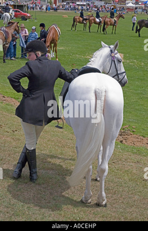 Una giovane ragazza appoggiata al suo cavallo a un evento equestre in uno spettacolo agricolo in Tasmania Foto Stock