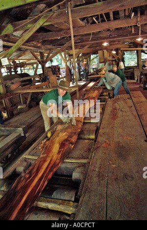 Mulino di sega i lavoratori sono handlng i pezzi tagliati fuori da un registro di Redwood che fuoriesce dalla stazione di sega a un antico mulino di sega Foto Stock