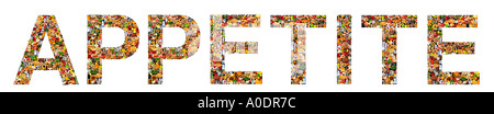L'appetito, FOODFONT Parola fatta con assortimento di prodotti alimentari Foto Stock