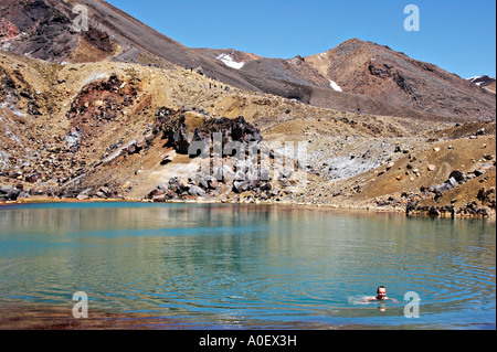Wild nuotare nel Lago Smeraldo, Tongariro Crossing, Tongariro National Park, North Island, Nuova Zelanda Foto Stock